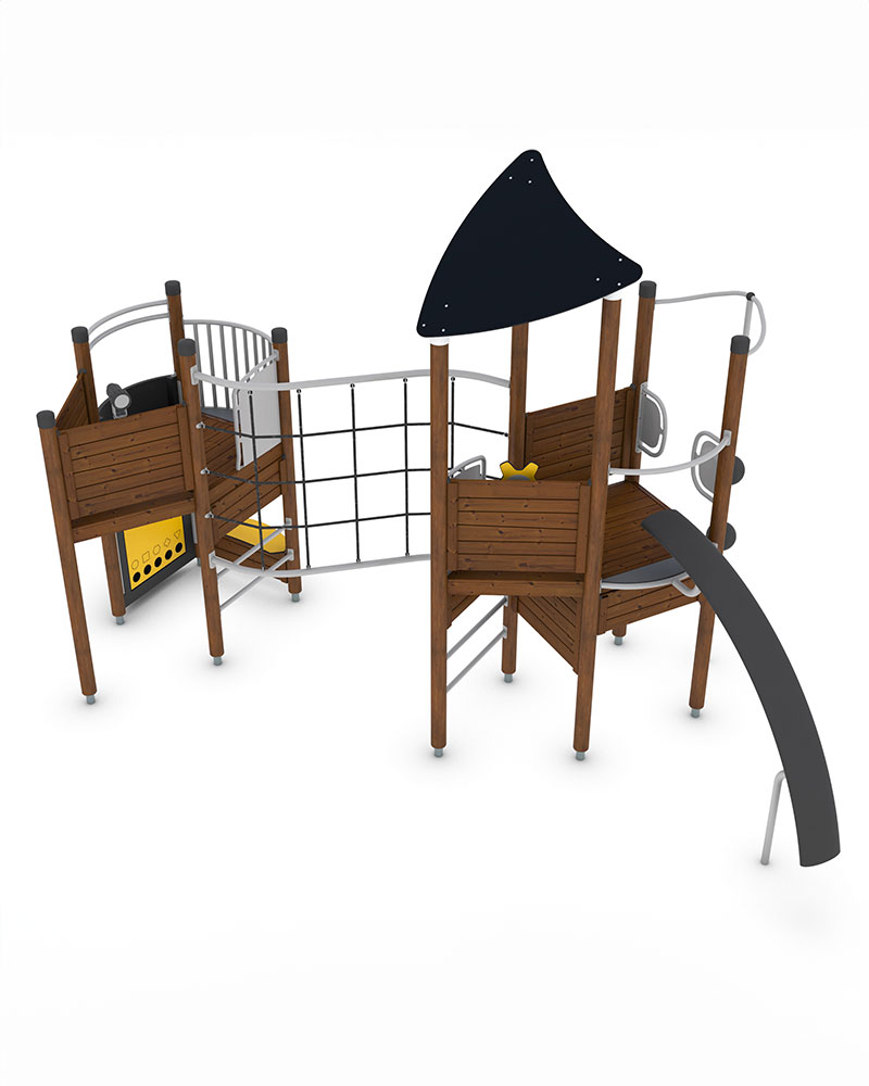 Rendered image on white background of UniPlay Dalux playground unit in wood.